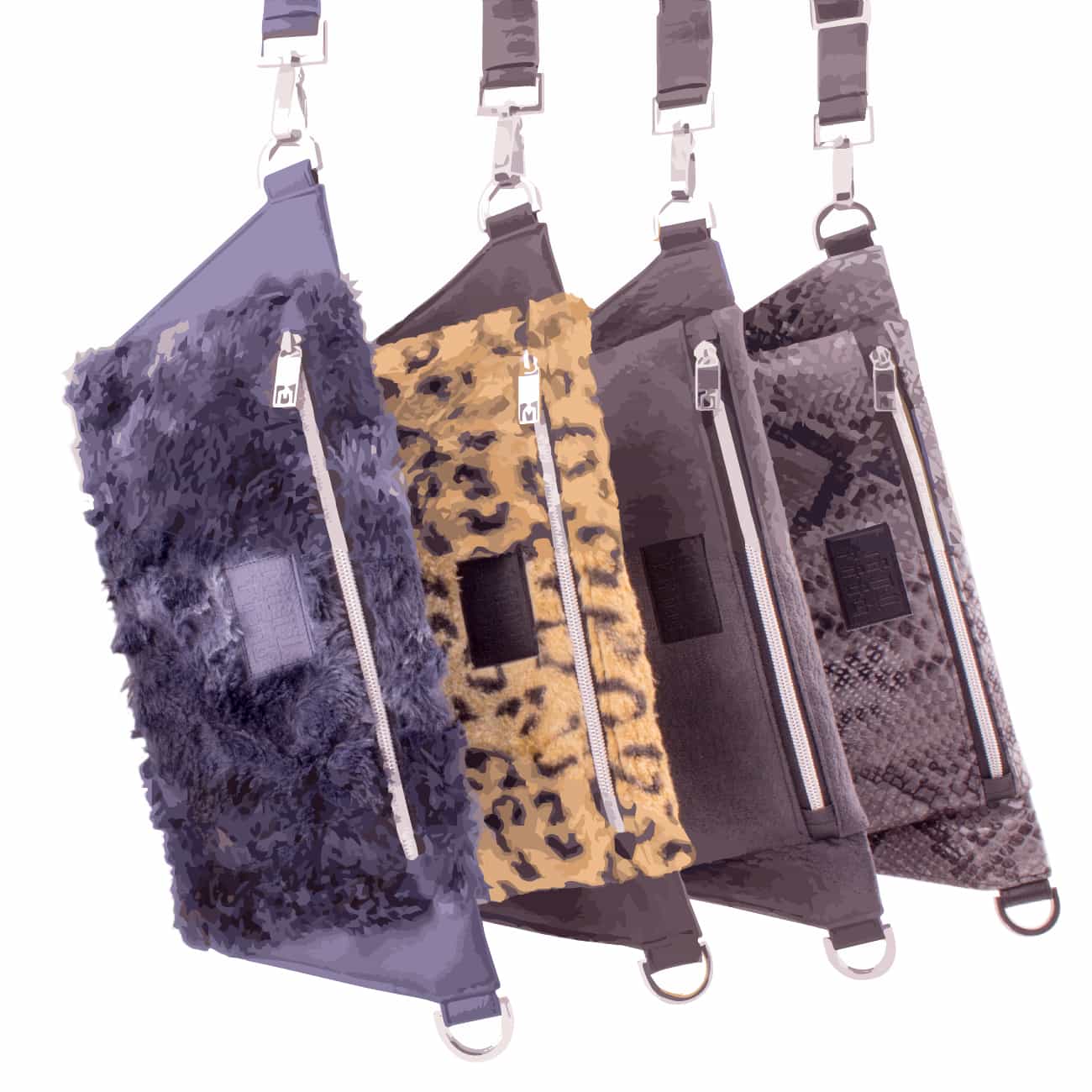 Limited Edition Belt Bags von oben hängend: Blue Beast, Leo-Plüsch, Elefant, Schlange. Designertaschen, handgemacht in Deutschland von Manufabo.